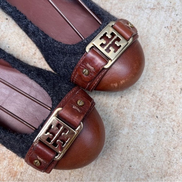 Tory Burch Flats Ambrose Wool Leather Navy Blue Gold Womens 7 - Picture 4 of 10